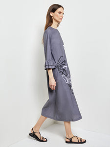 Floral Embroidered Cotton Poplin Midi Dress, Grey, Grey | Misook