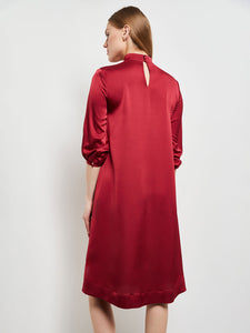 Pleated Mock Neck Crepe de Chine A-Line Dress, Scarlet Red, Scarlet Red | Misook