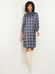 Pleated Mock Neck Crepe de Chine Printed A-Line Dress, Oceanic/Hunter Green/Neutral Grey/Arctic/White/Black | Misook