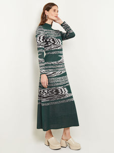 Mock Neck Jacquard Knit A-Line Maxi Dress, Hunter Green/Neutral Grey/Black | Misook