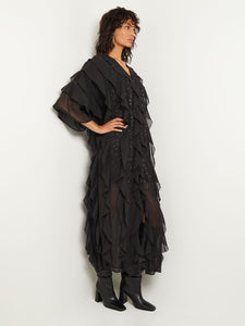 Tiered Ruffle Woven Chiffon Maxi Dress, Black | Misook