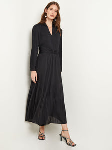Fit-and-Flare Pleated Woven Maxi Dress, Black | Misook
