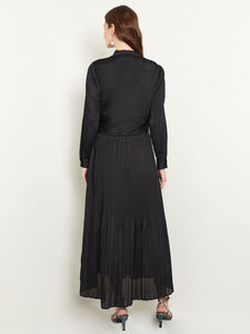 Fit-and-Flare Pleated Woven Maxi Dress, Black | Misook