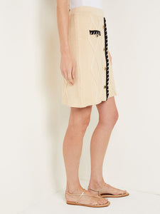 Knee Length A-Line Skirt - Button Detail Cozy Textural Knit, Biscotti/Black | Misook