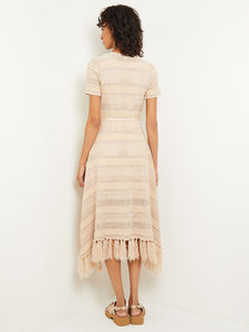 Midi Fit & Flare Dress - Pointelle Stripe Fringed Knit, Biscotti | Misook