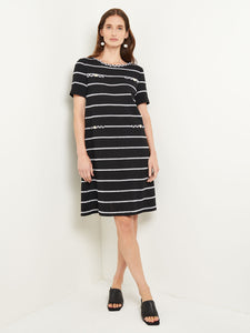 Knee Length Shift Dress - Scoop Neck Intarsia Knit, Black/White | Misook