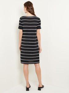 Knee Length Shift Dress - Scoop Neck Intarsia Knit, Black/White | Misook
