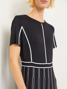 Contrast Stripe A-Line Soft Knit Dress, Black & White, Black/White | Misook