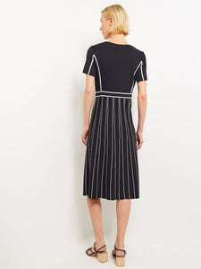 Contrast Stripe A-Line Soft Knit Dress, Black & White, Black/White | Misook