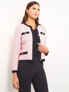Button Detail Eyeleted Recycled Knit Jacket, Rose Petal & Black, Rose Petal/Black | Misook