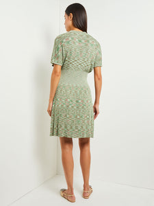 Mini Fit & Flare Dress - V-Neck Pleated Knit, Verdant Clover/Paradise Green/Charmeuse | Misook