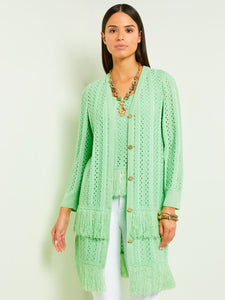 Button Front Jacket - Fringe Trim Pointelle Knit, Paradise Green | Misook