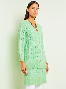 Button Front Jacket - Fringe Trim Pointelle Knit, Paradise Green | Misook