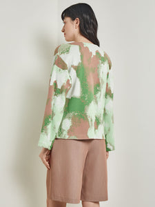 Crossover Jacket - Bell Sleeve Recycled Jacquard Knit, Verdant Clover/Paradise Green/Charmeuse/White | Misook