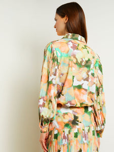 Button Front Blouse - Balloon Sleeve Watercolor Woven, Verdant Clover/Paradise Green/Pale Gold/Charmeuse/Peach Blossom/White | Misook
