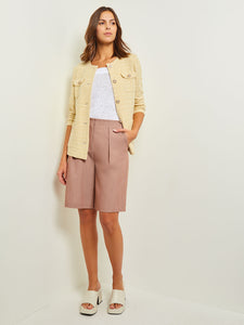 Tailored Pearl Button Front Jacket - Soft Tweed Knit, Pale Gold/White | Misook