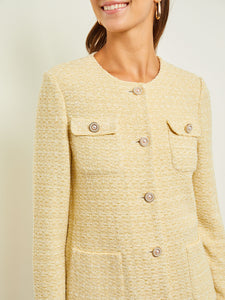 Tailored Pearl Button Front Jacket - Soft Tweed Knit, Pale Gold/White | Misook