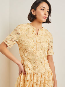 Maxi Pleated Drop Waist Dress - Floral Applique Woven, Pale Gold | Meison Studio Presents Misook