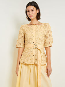 Belted Button Front Blouse - Floral Applique Woven, Pale Gold | Meison Studio Presents Misook