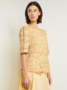 Belted Button Front Blouse - Floral Applique Woven, Pale Gold | Meison Studio Presents Misook
