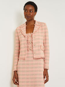 Modern Button Front Jacket - Fringe Trim Tweed Knit, Porcelain Pink/Ocean Coral/Charmeuse/Biscotti | Misook