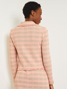 Modern Button Front Jacket - Fringe Trim Tweed Knit, Porcelain Pink/Ocean Coral/Charmeuse/Biscotti | Misook