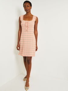 Mini A-Line Dress - Fringe Trim Tweed Knit, Porcelain Pink/Ocean Coral/Charmeuse/Biscotti | Misook