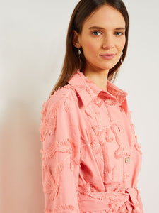 Tailored Button Front Jacket - Belted Fringe Applique Cotton, Ocean Coral | Misook