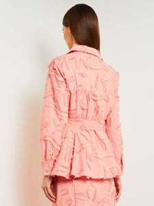 Tailored Button Front Jacket - Belted Fringe Applique Cotton, Ocean Coral | Misook