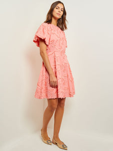Mini Fit & Flare Dress - Puff Sleeve Fringe Applique Cotton, Ocean Coral | Misook