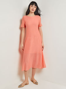 Midi A-Line Dress - Short Sleeve Burnout Knit, Ocean Coral | Misook
