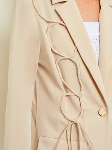 Modern Single Button Jacket - Lace Tie Detail Woven, Biscotti | Misook
