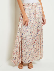 Maxi A-Line Pleated Skirt - Floral Print Crepe de Chine, Biscotti/Porcelain Pink/Ocean Coral/Mazarine/Charmeuse | Misook