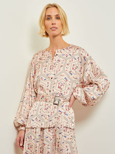 Balloon Sleeve Belted Blouse - Floral Print Crepe de Chine, Biscotti/Porcelain Pink/Ocean Coral/Mazarine/Charmeuse | Misook