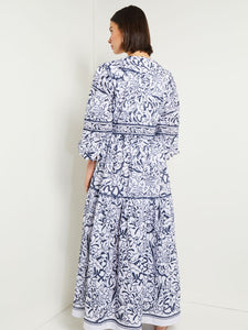 Maxi Flounced Drop Waist Dress - Floral Print Cotton, Mazarine/White | Misook