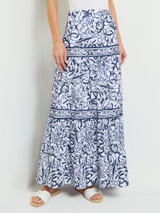 Maxi A-Line Tiered Skirt - Floral Print Cotton, Mazarine/White | Misook