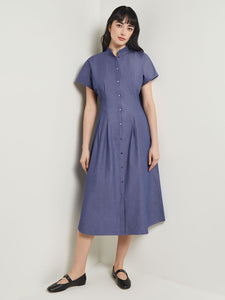 Midi Fit & Flare Button Front Dress - Pleated Cotton, Mazarine | Misook