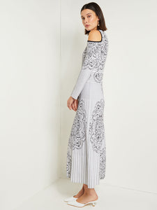 Maxi A-Line Dress - Cold Shoulder Jacquard Soft Knit, Black/White | Misook