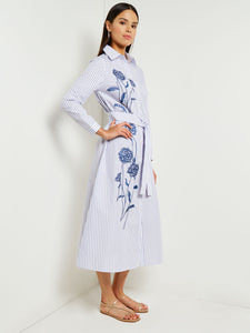 Midi A-Line Shirtdress - Embroidered Cotton Blend, Mazarine/White | Misook