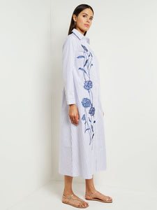 Midi A-Line Shirtdress - Embroidered Cotton Blend, Mazarine/White | Misook