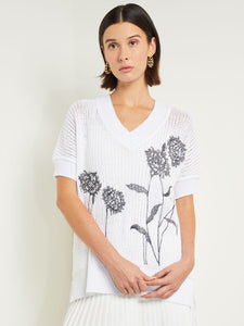 V-Neck Short Sleeve Tunic - Embroidered Crochet Knit, Black/White | Misook