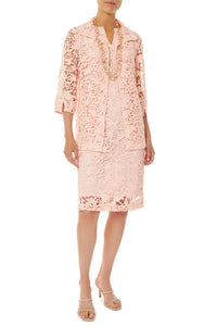 Plus Size Delicate Floral Lace Jacket, Pink Satin | Ming Wang