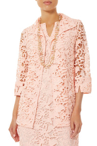Delicate Floral Lace Jacket, Pink Satin | Ming Wang