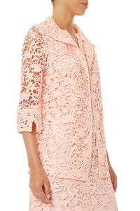 Plus Size Delicate Floral Lace Jacket, Pink Satin | Ming Wang