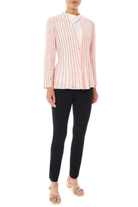 Dotted Stripe Peplum Knit Jacket, Pink Satin/Black | Ming Wang