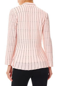 Dotted Stripe Peplum Knit Jacket, Pink Satin/Black | Ming Wang