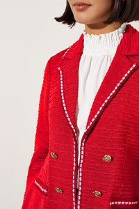 Contrast Trim Textured Knit Jacket, Garnet, Garnet/Ivory/Black | Ming Wang