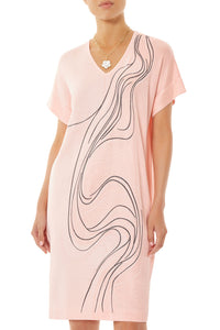 Short Dolman Sleeve Graphic Soft Knit Dress, Pink Satin/Black | Ming Wang