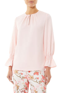 Ruched Bell Sleeve Crepe de Chine Blouse, Pink Satin | Ming Wang