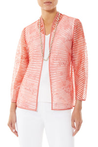 Plus Size Floral Soutache Sheer Woven Jacket, Sunkissed Coral/Pink Satin | Ming Wang